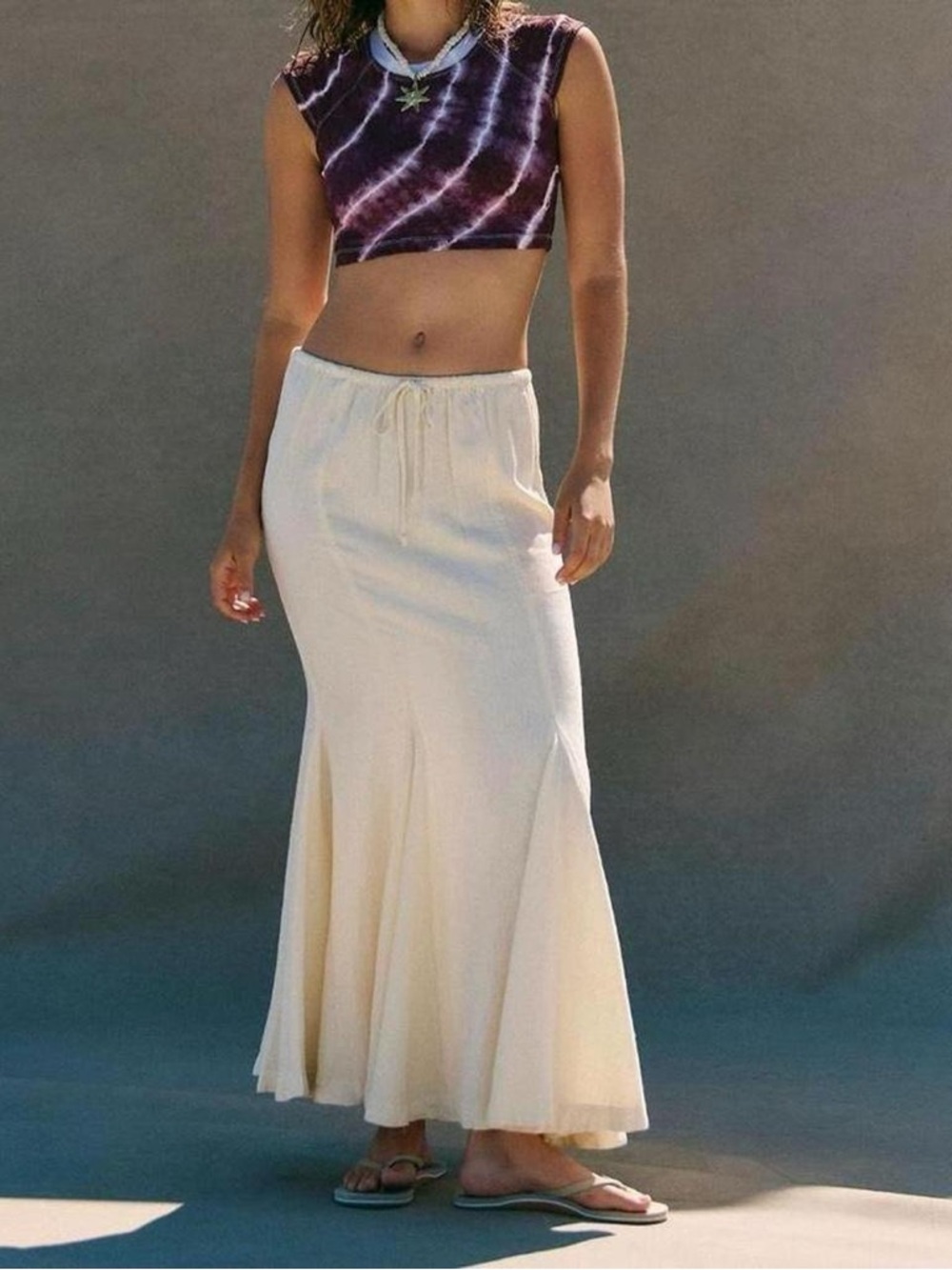 Free People Cream Drawstring Mermaid Hem Linen Maxi Skirt